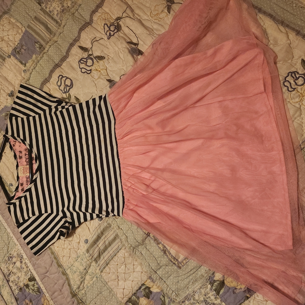 Striped Black and White Top with Pink Skirt Dress